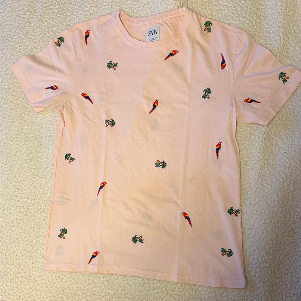 Zara Pink Tee with Embroidered Parrots and Palms